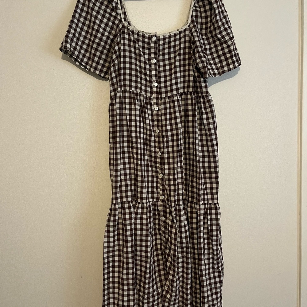 Brown and White Gingham Midi Dress - Classic Button-Front